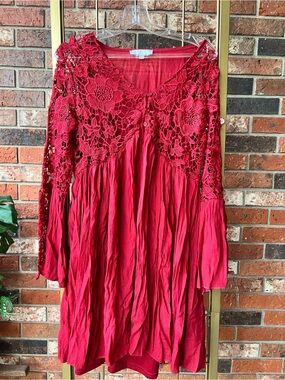 J.Gee Red Long-Sleeve Crochet Yoke Dress